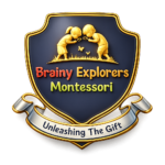 Brainy Explorers Montessori crest logo with the motto Unleashing The Gift